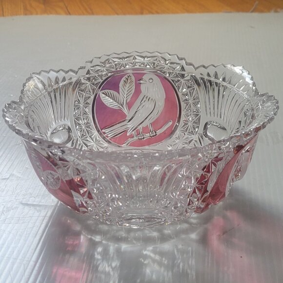 HOFBAUER  Byrdes Lead Crystal Glass Serving Bowl Germany RUBY Cut BIRD 7" Wide - Picture 2 of 7